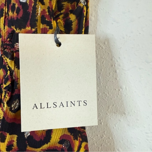 All Saints Hali Pleated Leopard Notes Yellow Multi Mini Dress Size 8 NWT - Picture 13 of 16